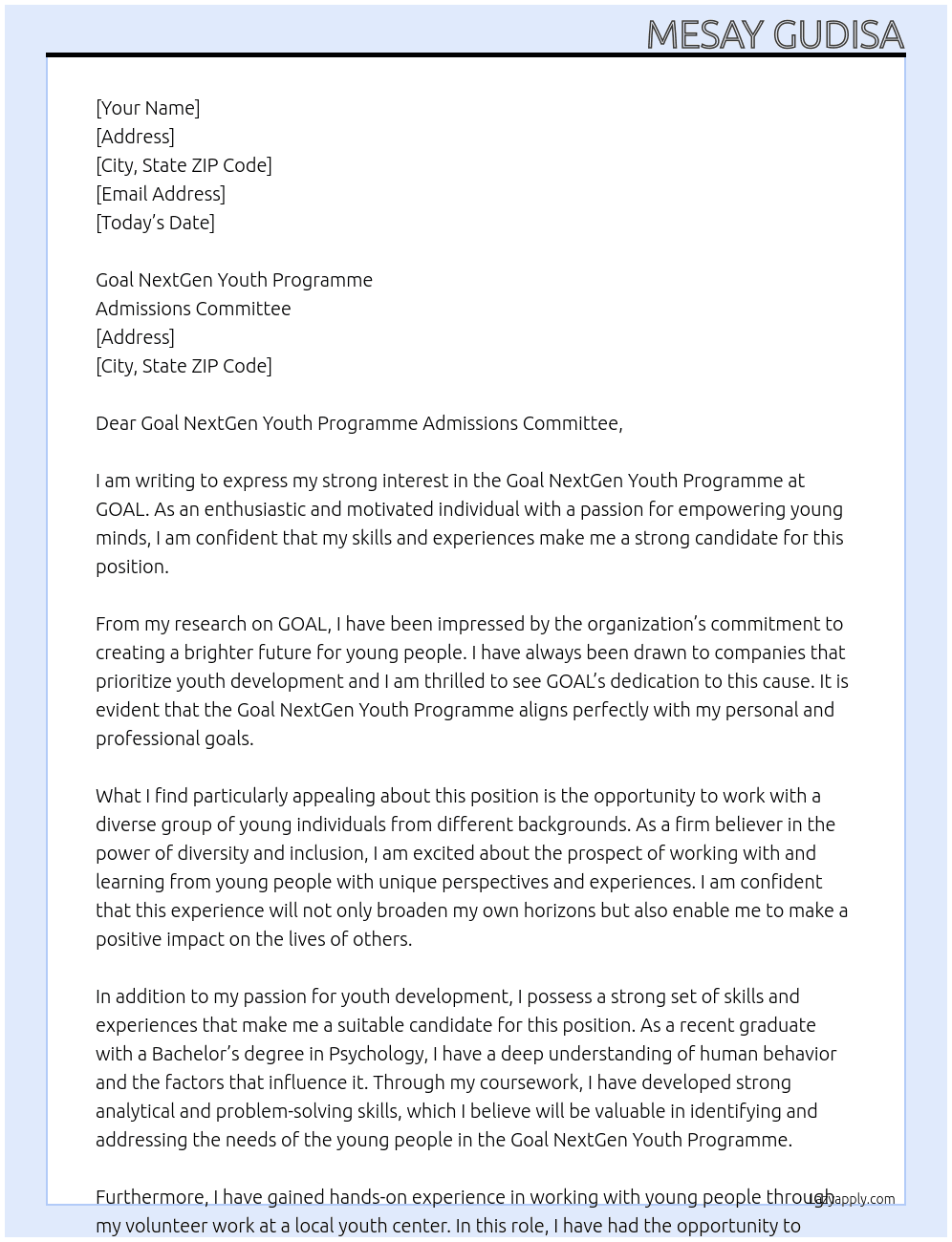 Goal NextGen Youth Programme At GOAL Cover Letter