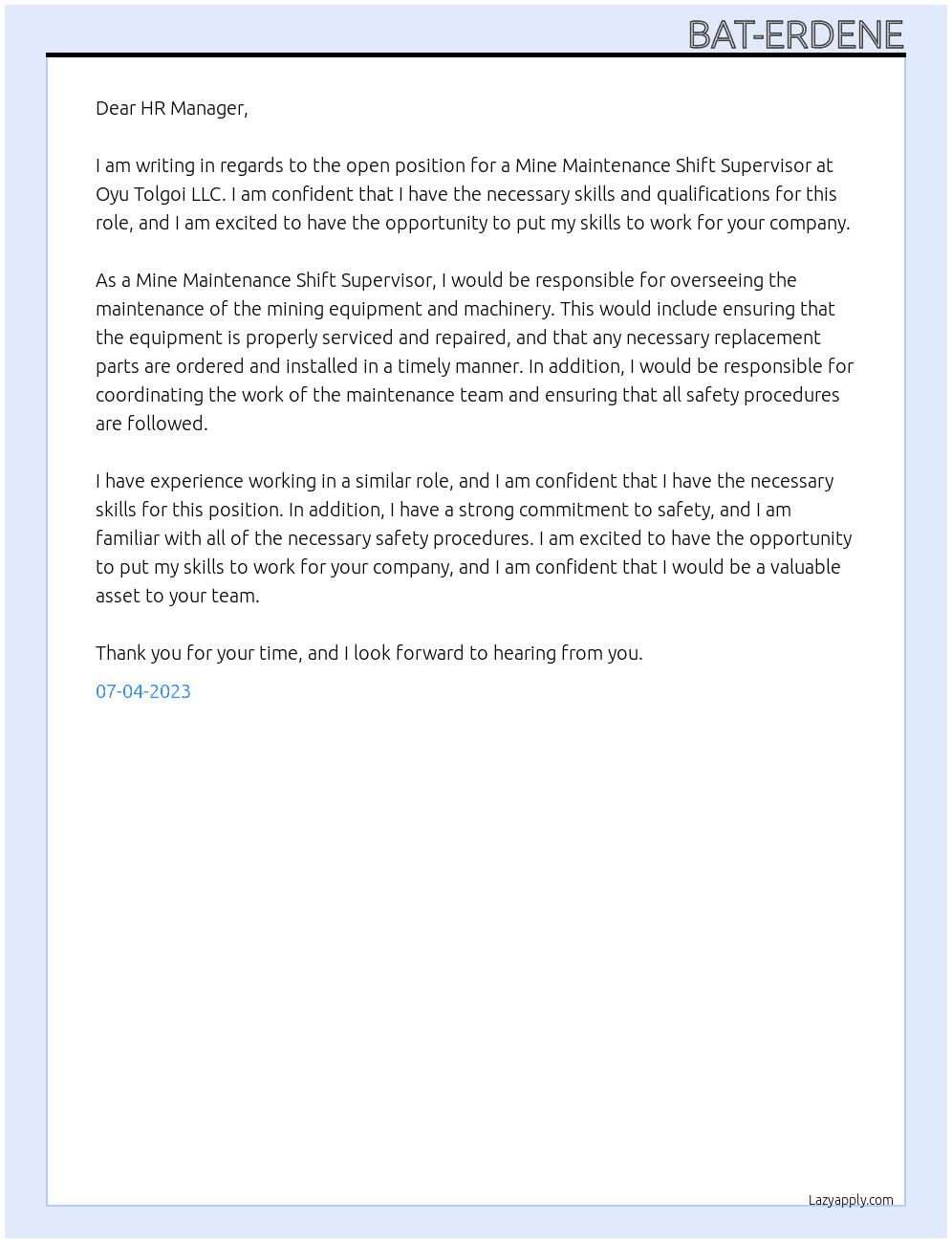 mine maintenance shift supervisor At Oyu Tolgoi LLC Cover Letter
