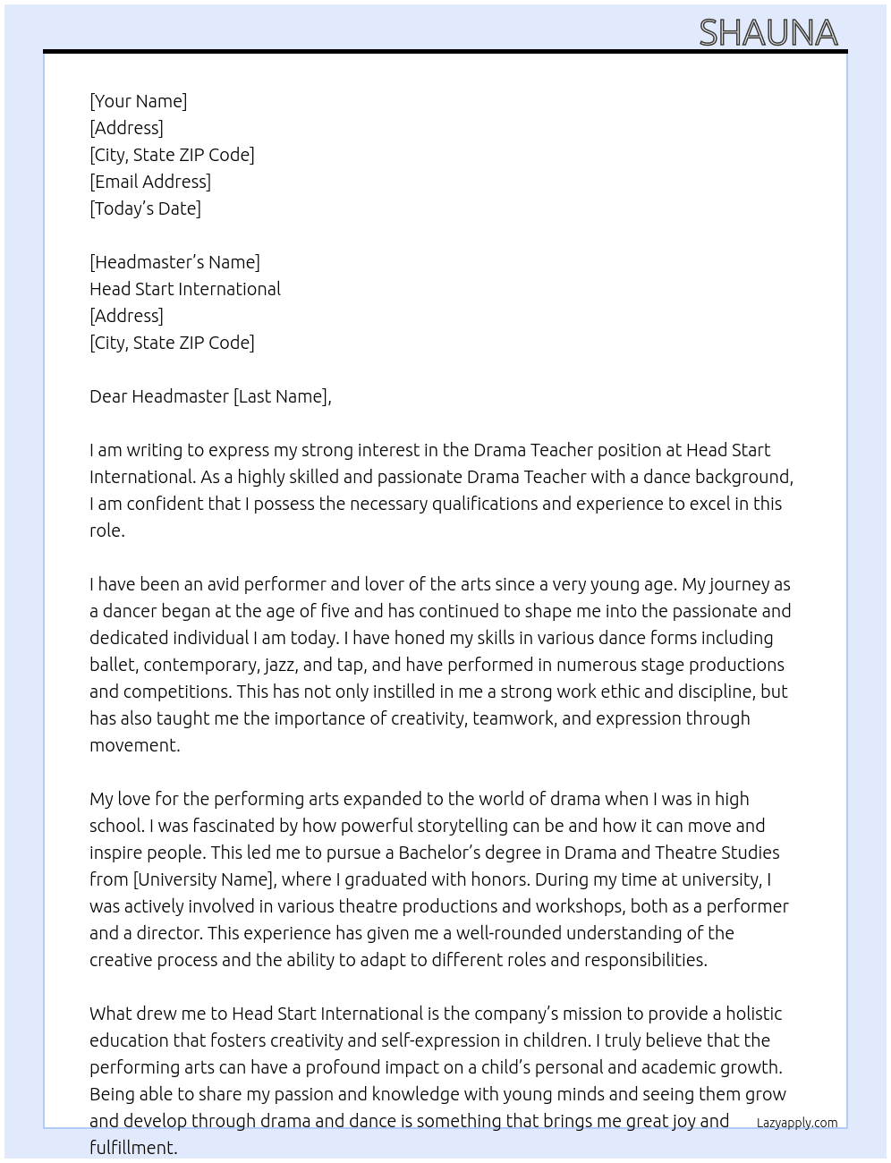 Drama teacher  At Head start international Cover Letter