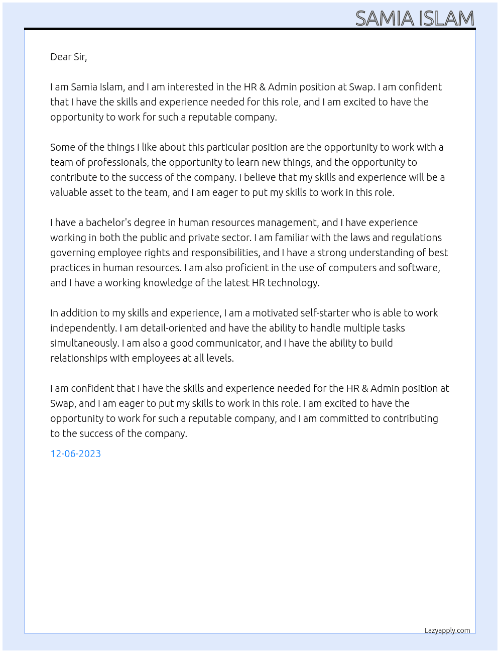 HR & Admin At Swap Cover Letter