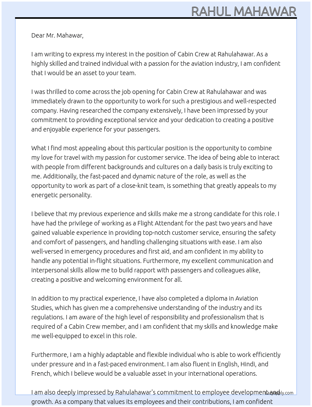 Cabin crew At Rahulahawar Cover Letter