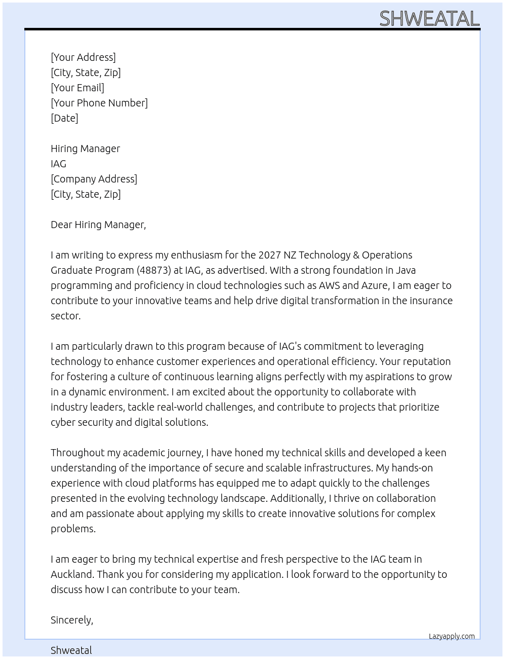 2027 NZ Technology & Operations Graduate Program (48873) At IAG Cover Letter