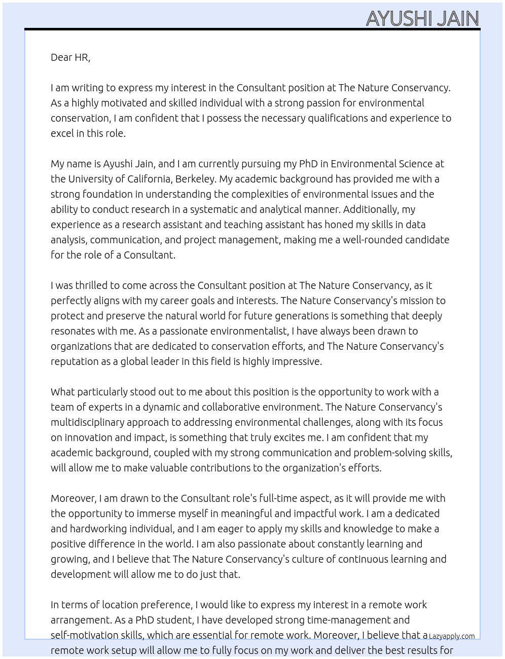 Consultant  At The Nature Conservancy  Cover Letter