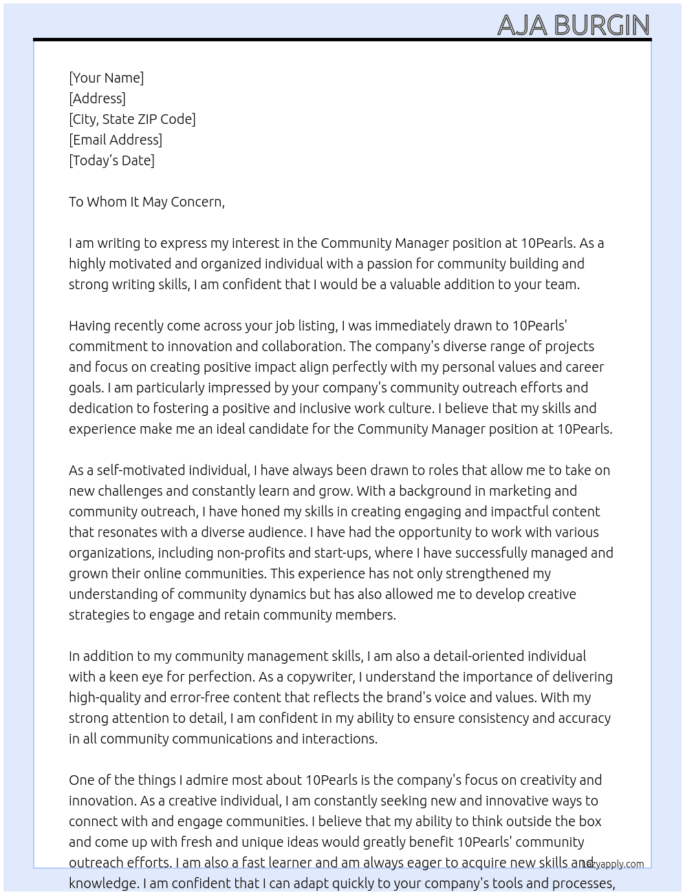 Community Manager At 10Pearls Cover Letter