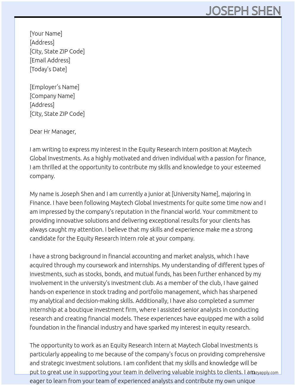 Equity Research Intern - Summer 2025 At Maytech Global Investments Cover Letter