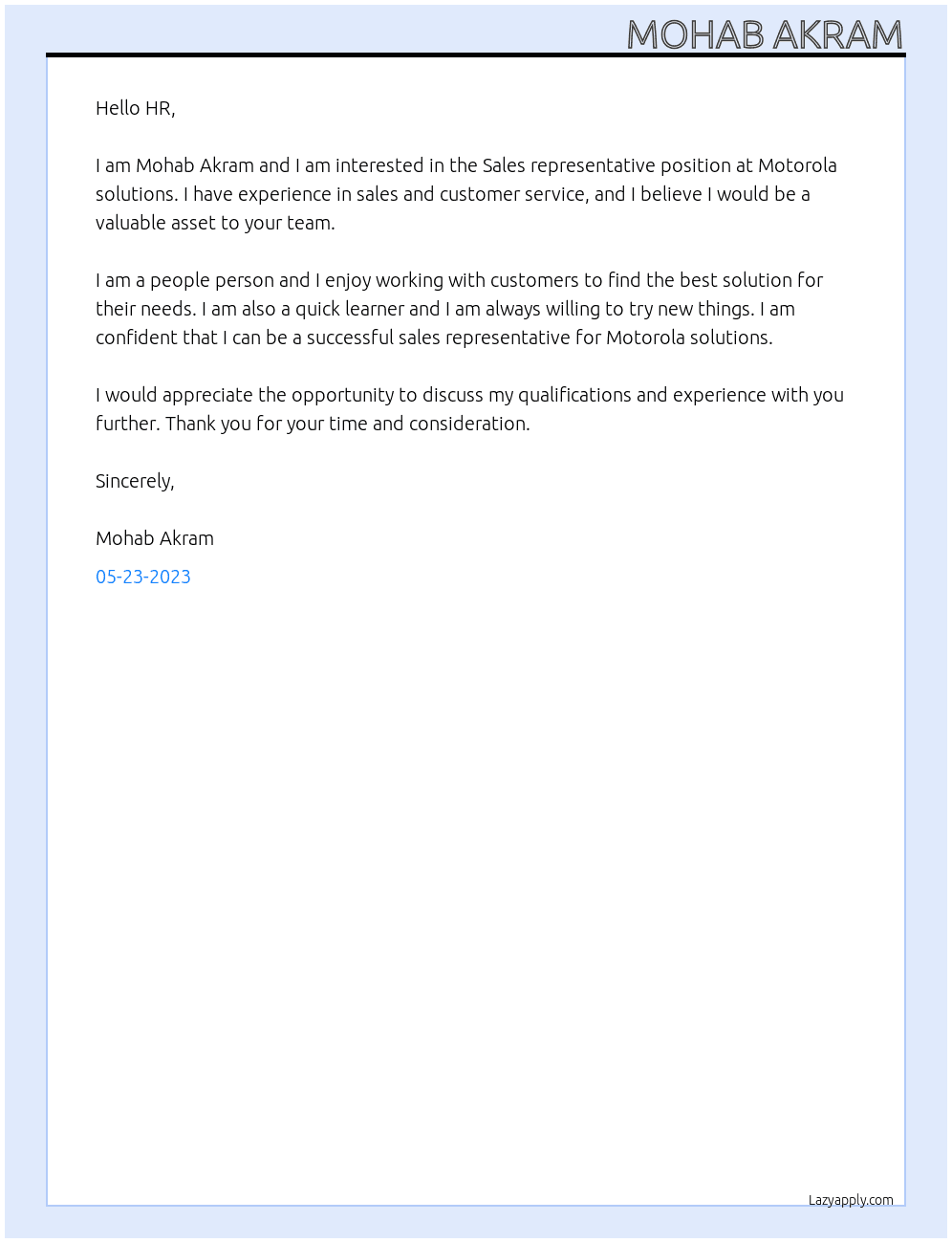 Sales representative  At Motorola solutions Cover Letter