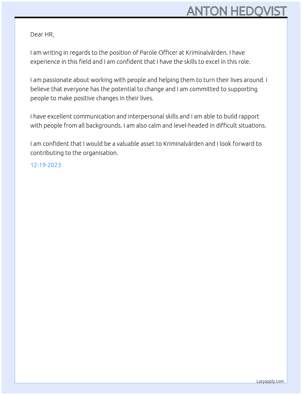 Parole officer At Kriminalvården Cover Letter