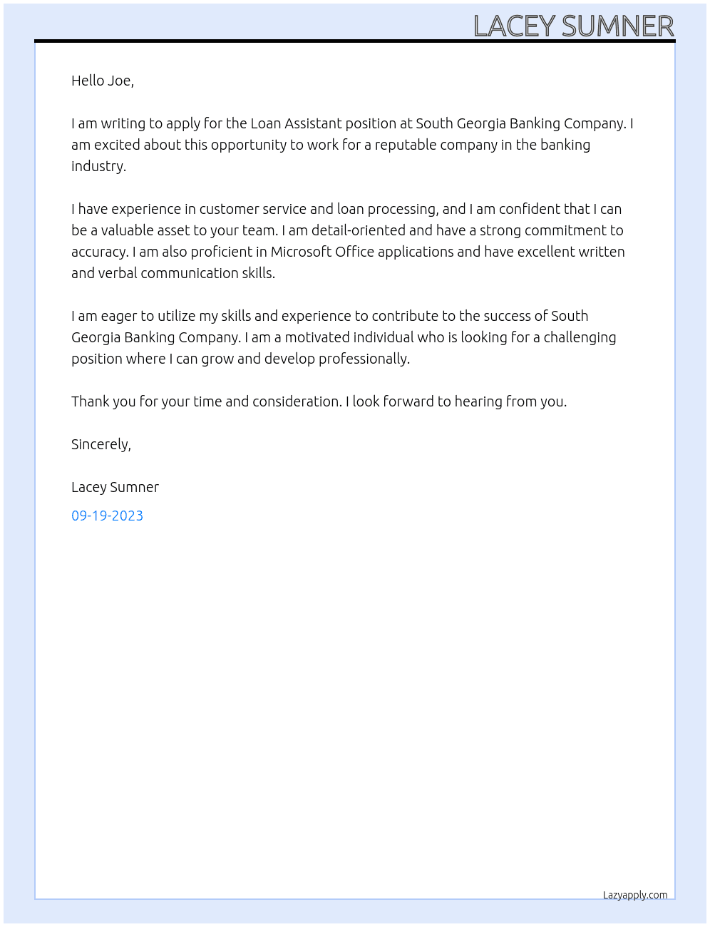 Loan Assistant At South Georgia Banking Company Cover Letter