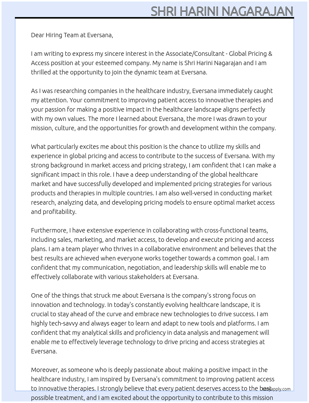 Associate / Consultant _ Global Pricing & Access At eversana Cover Letter