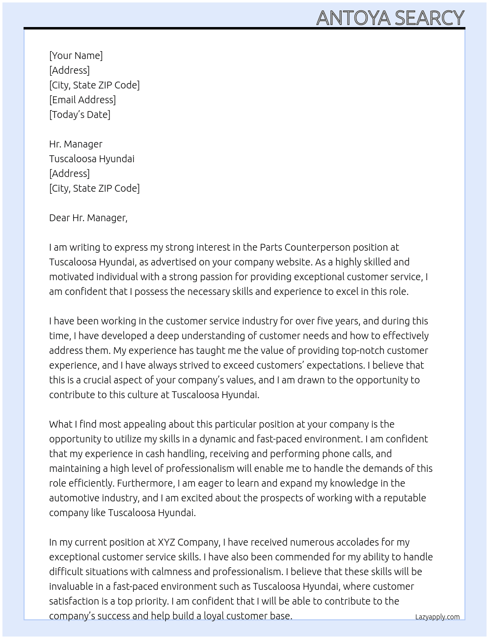 Parts counterperson At Tuscaloosa Hyundai Cover Letter
