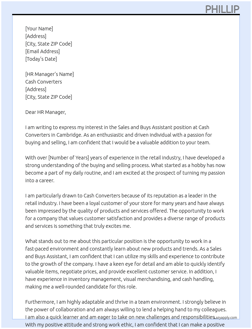 sales and buys assistant At Cash Converters Cover Letter