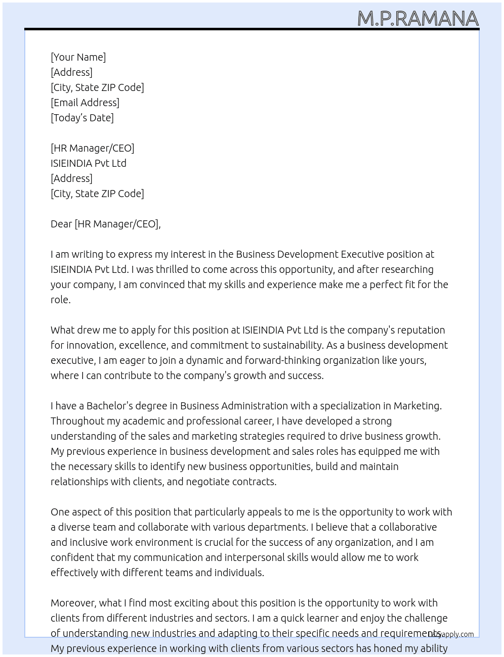 Buisness development executive  At ISIEINDIA Pvt Ltd Cover Letter