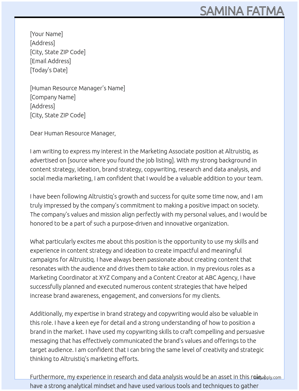 marketing associate At Altruistiq Cover Letter