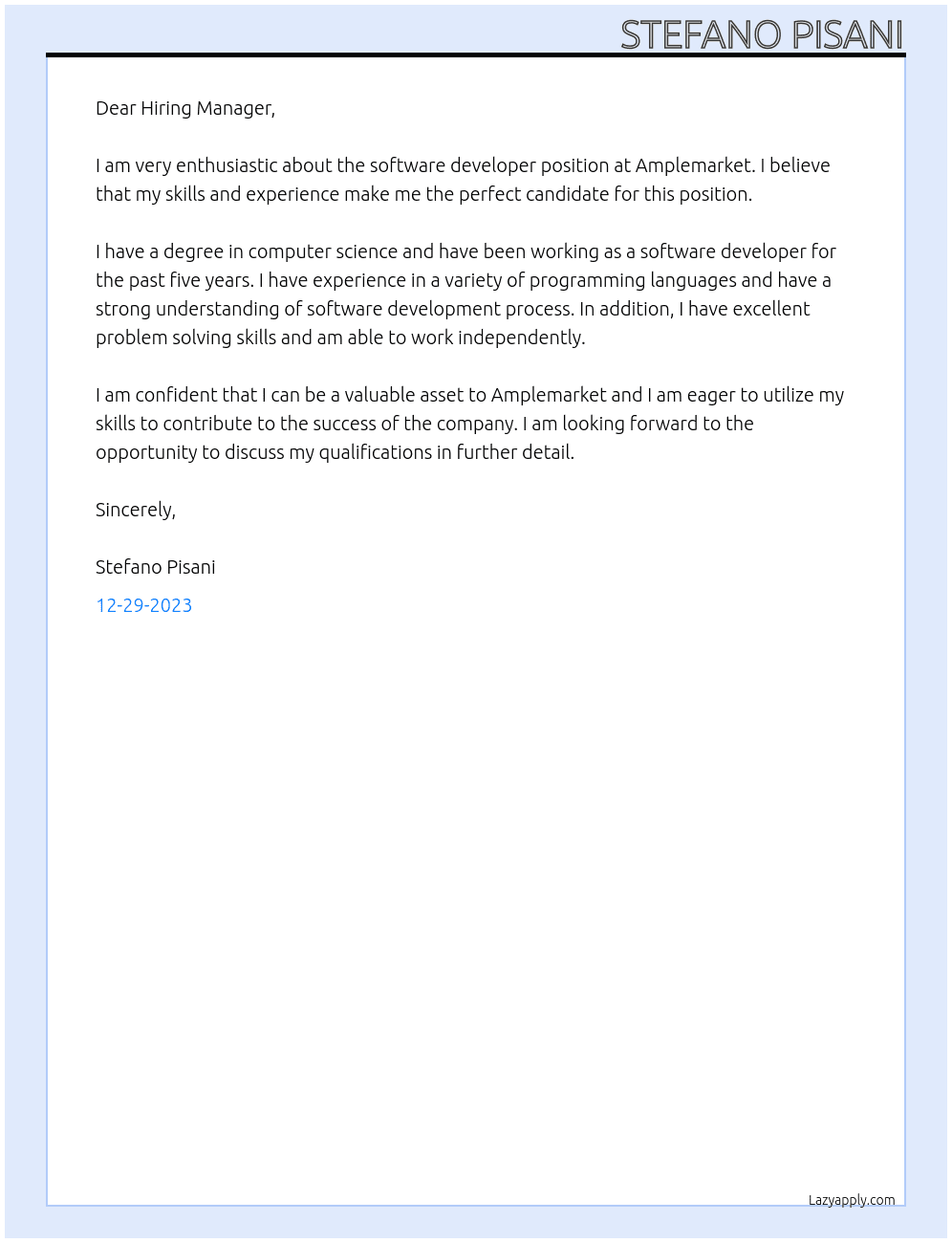 software developer At Amplemarket Cover Letter