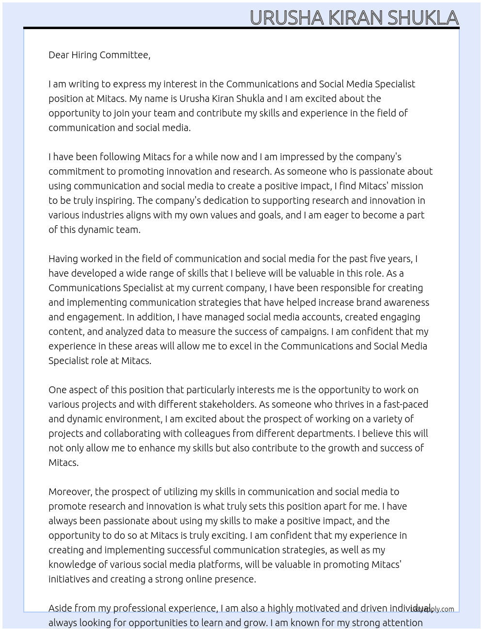 Communications and Social Media Specialist At Mitacs Cover Letter