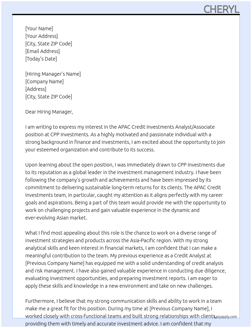 APAC Credit Investments Analyst/Associate,  At CPP Investments Cover Letter