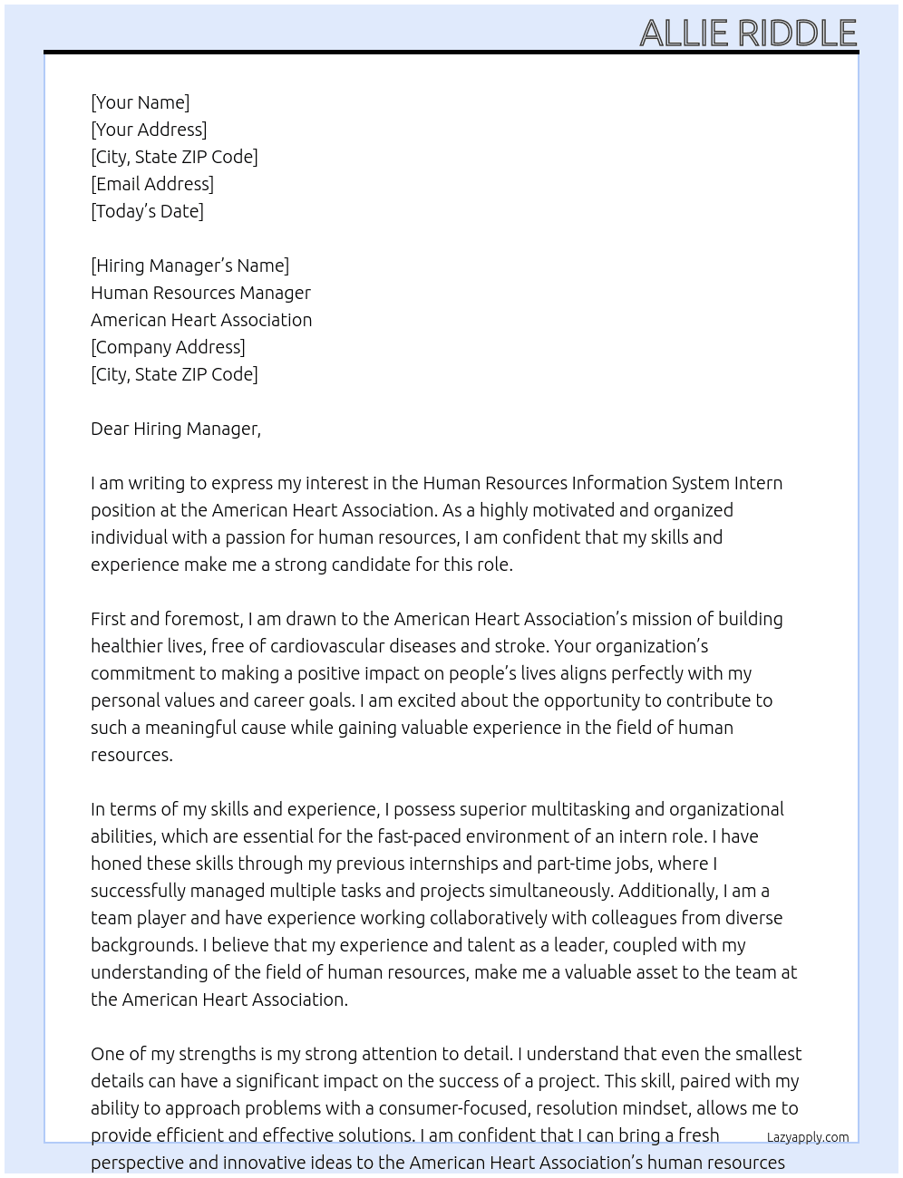 Human Resources Information System Intern At American Heart Association Cover Letter