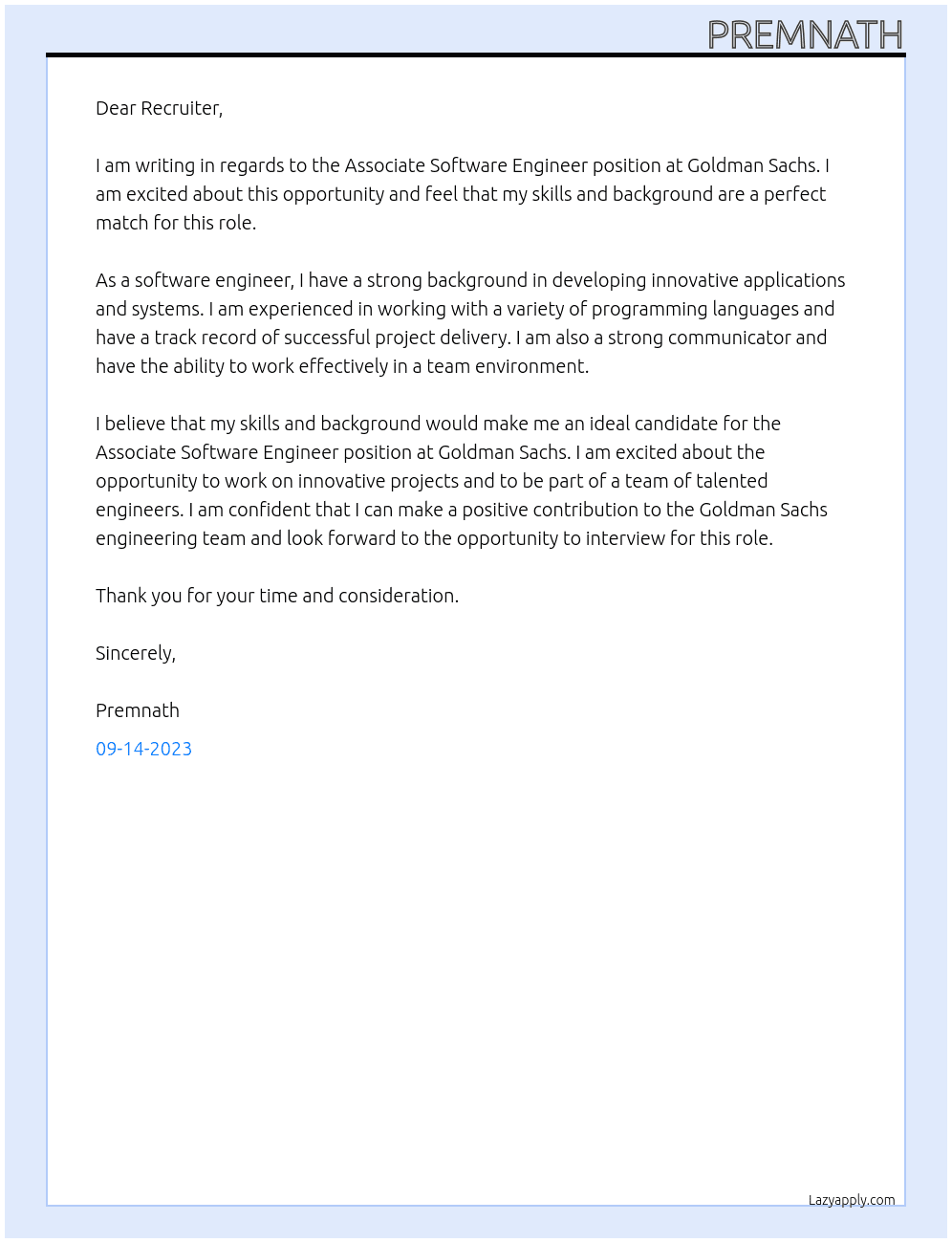 Associate Software Engineer At Goldmann sachs Cover Letter