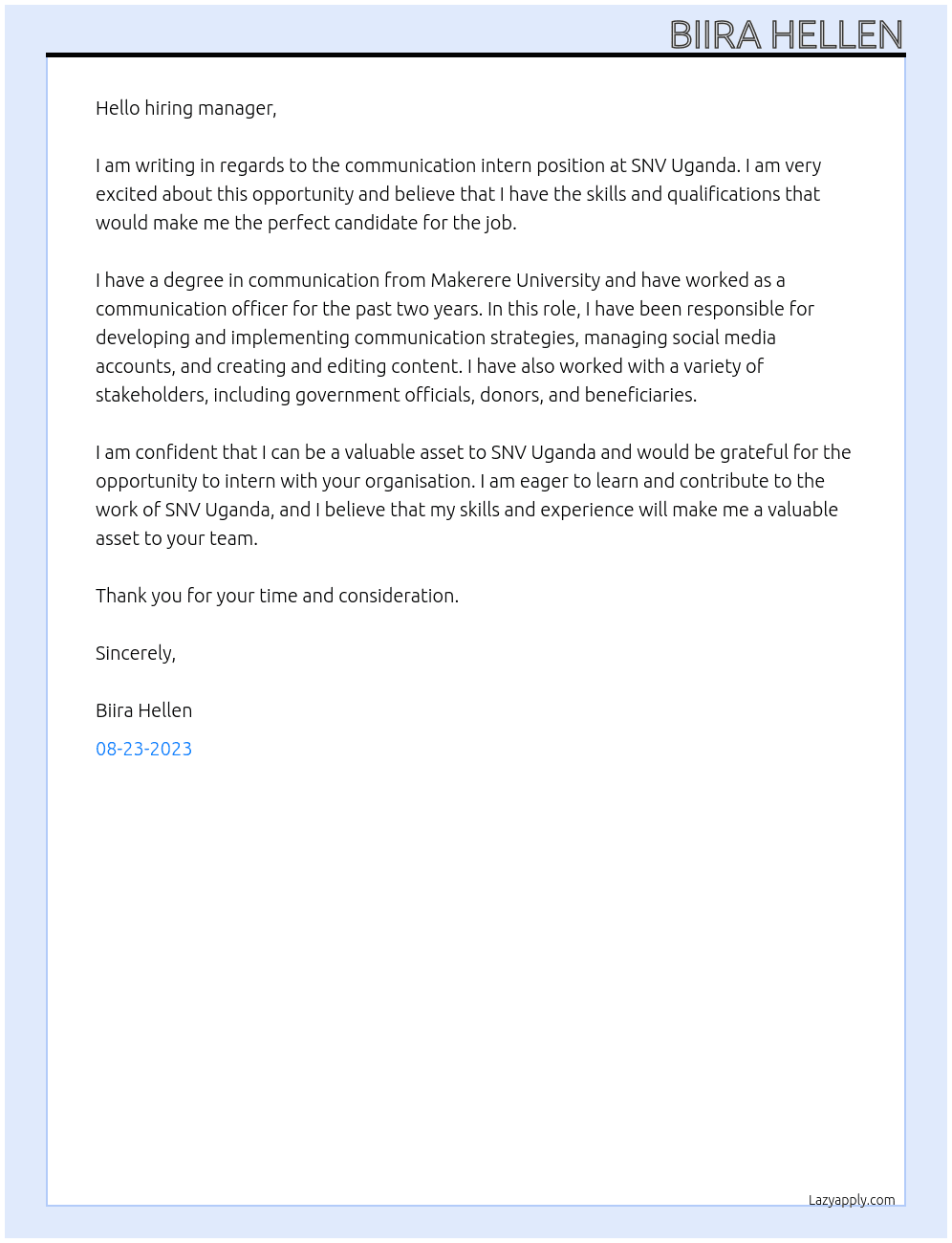 Communication intern At SNV uganda Cover Letter
