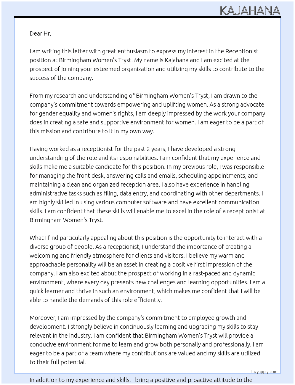 Receptionist  At Birmingham women’s tryst  Cover Letter