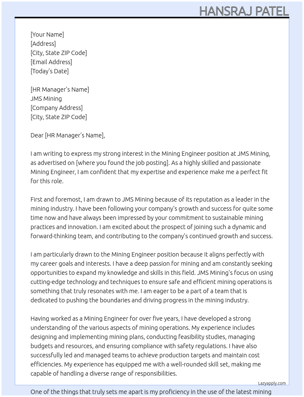 mining engineer  At JMS Mining Cover Letter