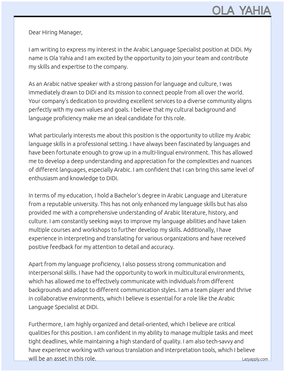 Arabic Language Specialist At DiDi Cover Letter