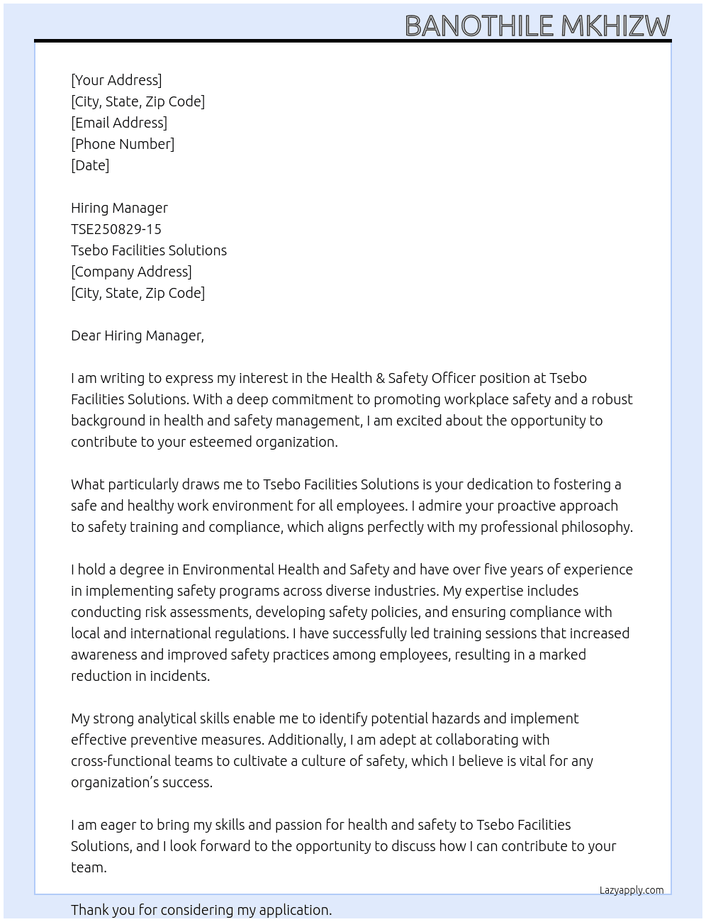 Health & Safety Officer At Tsebo Facilities Solutions Cover Letter