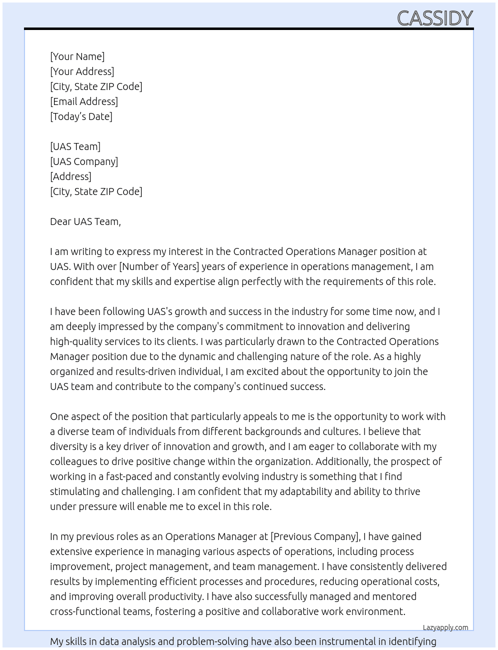 Contracted Operations Manager  At UAS Cover Letter