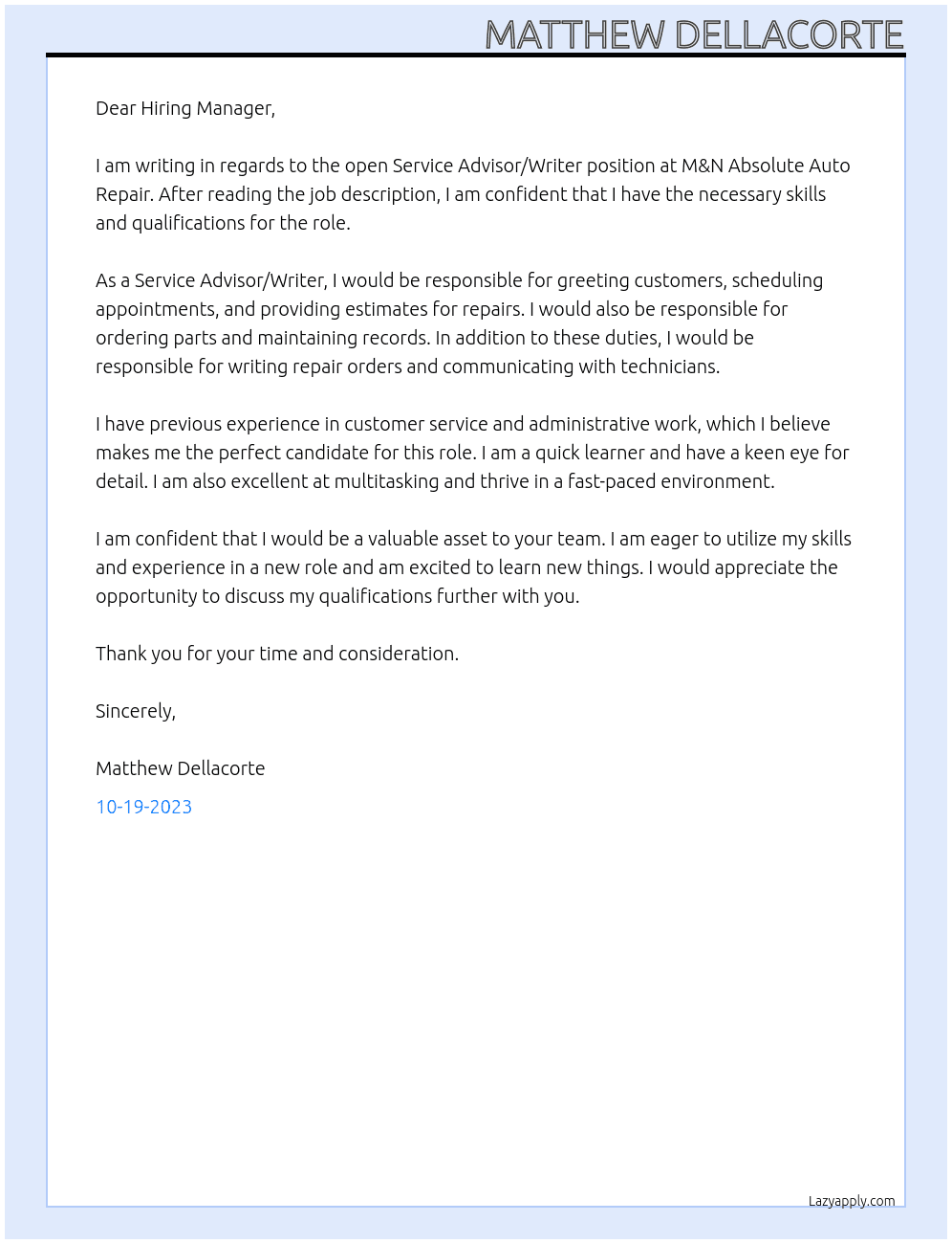 Service advisor/writor At M&N Absolute Auto Repair Cover Letter