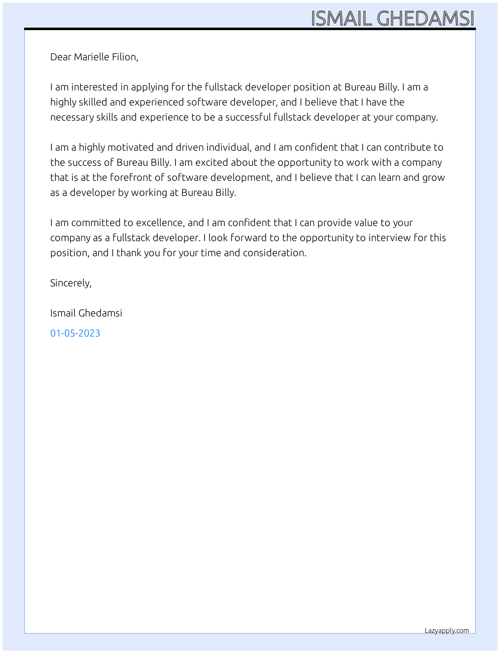Cover letter for fullstack developper - LazyApply