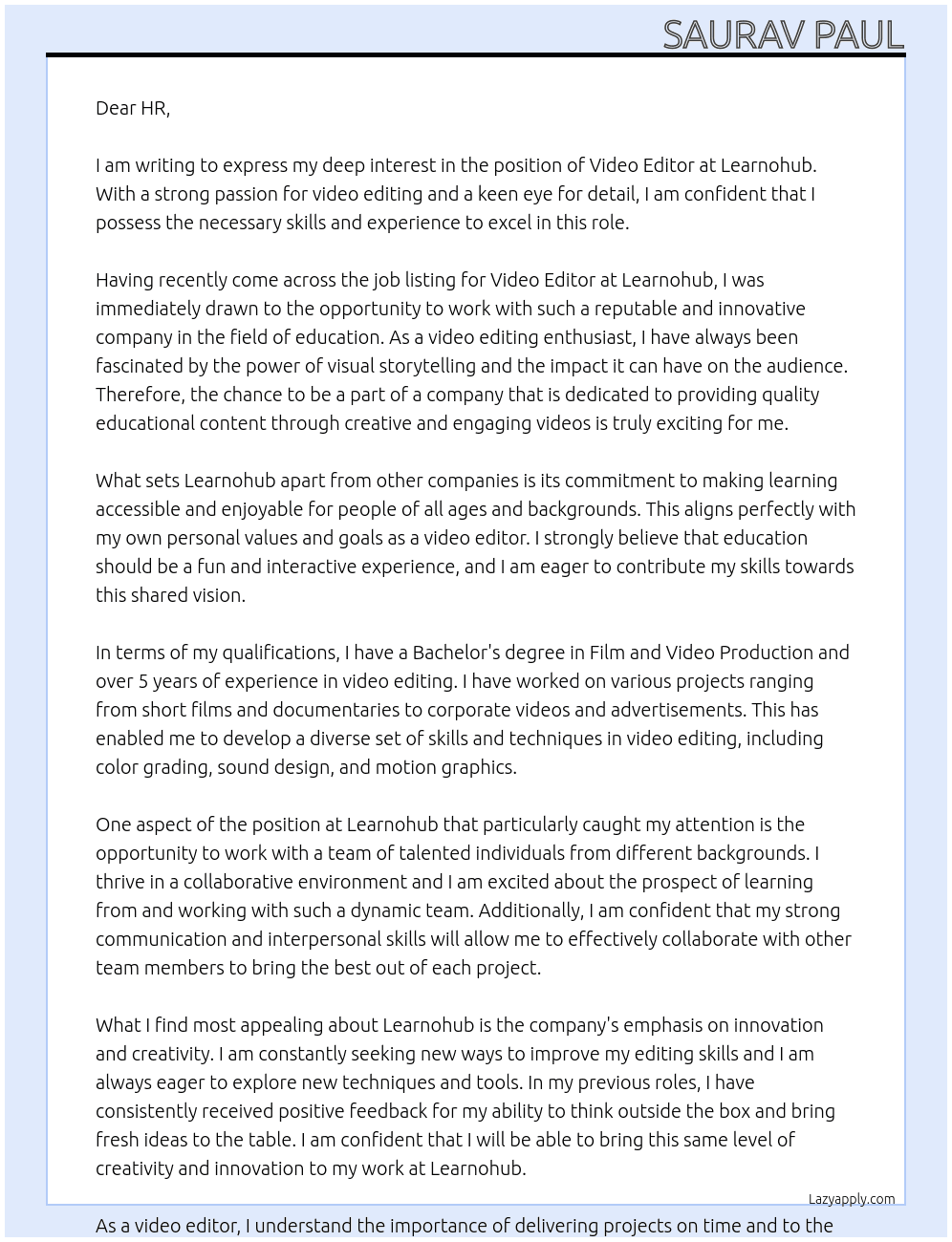 Video Editor At Learnohub Cover Letter