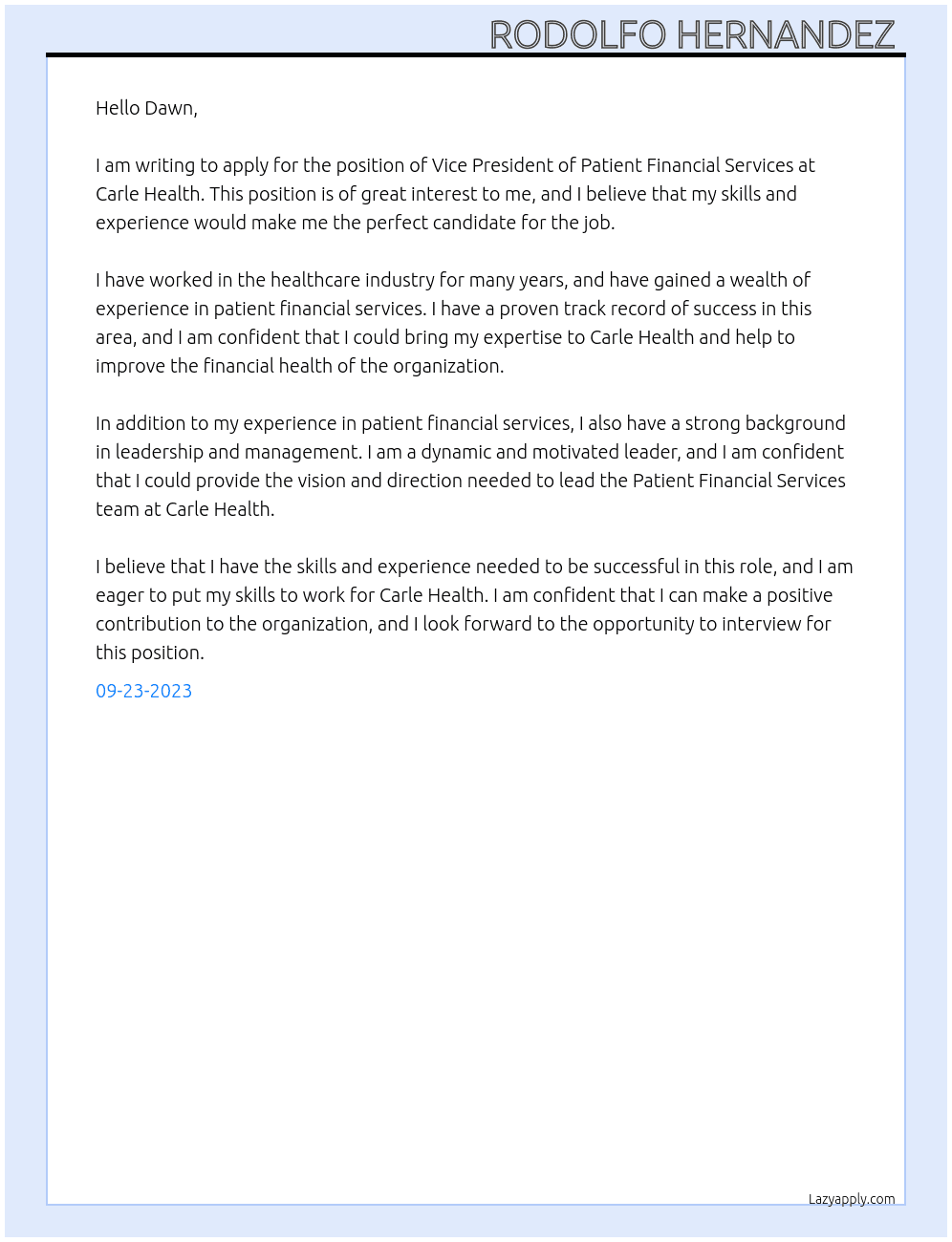Vice president of Patient Financial Services  At Carle Health  Cover Letter