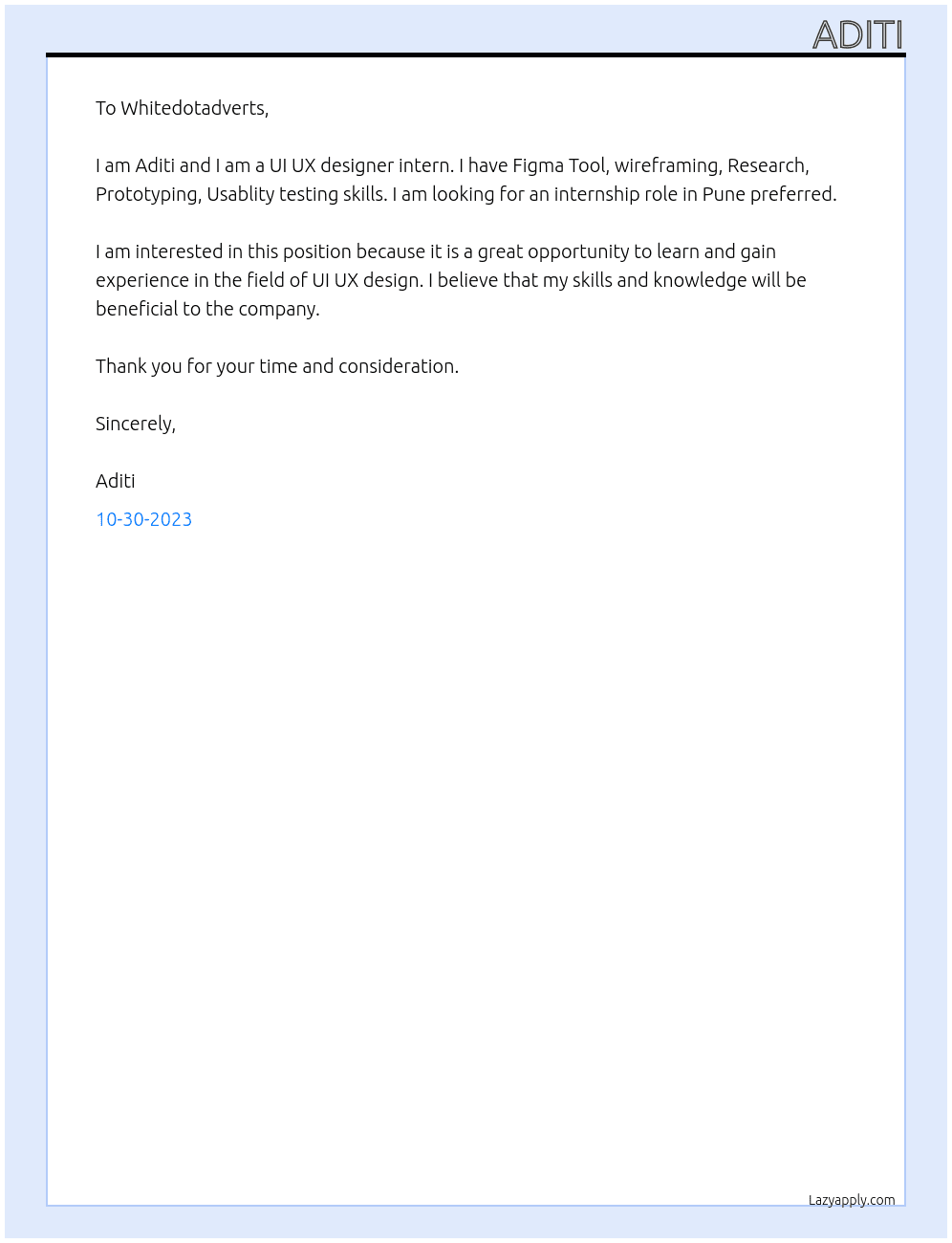 UI UX designer intern At Whitedotadverts Cover Letter