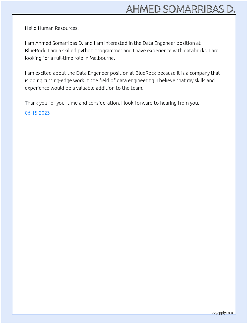 Data Engeneer At BlueRock Cover Letter