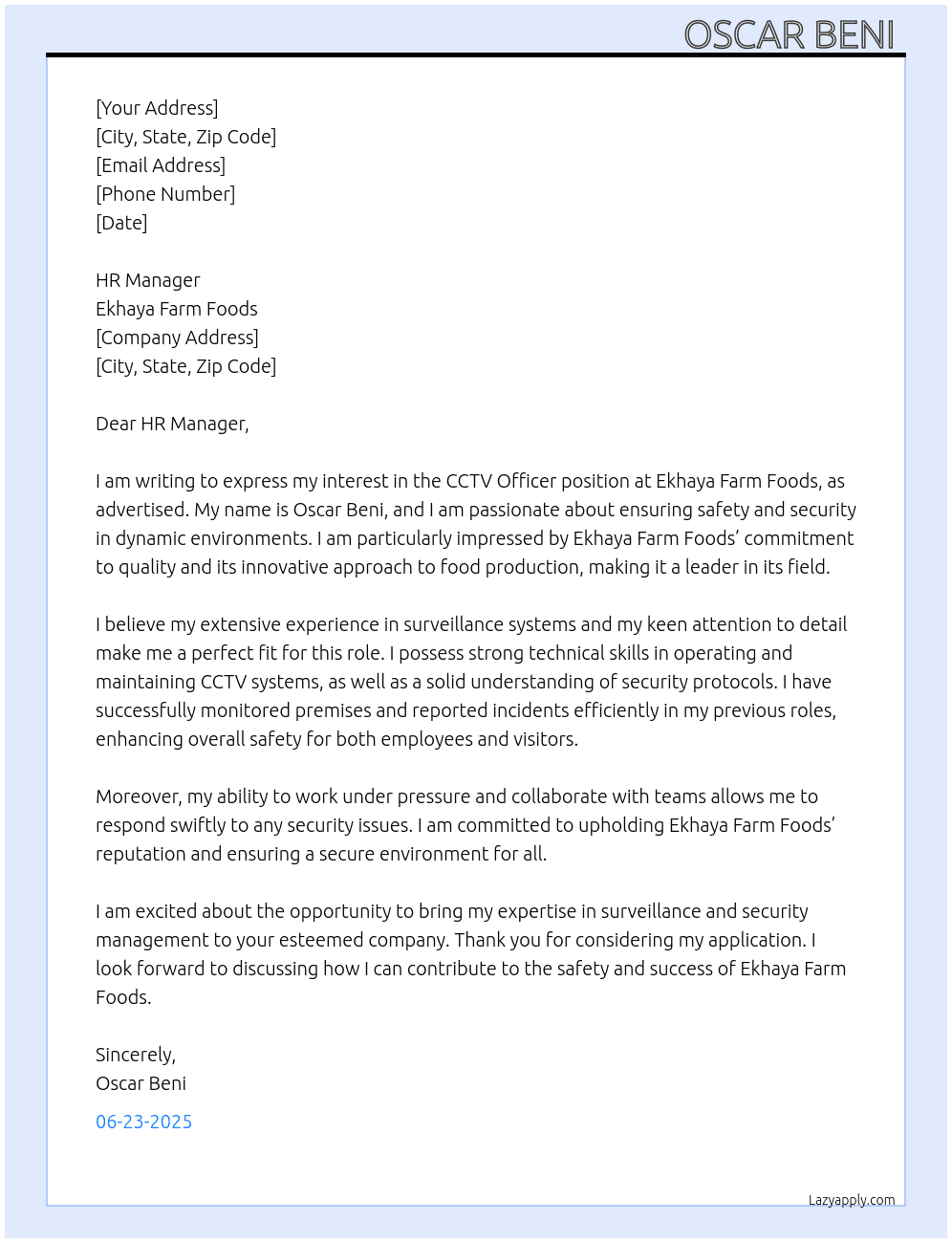 CCTV Officer At Ekhaya Farm Foods  Cover Letter
