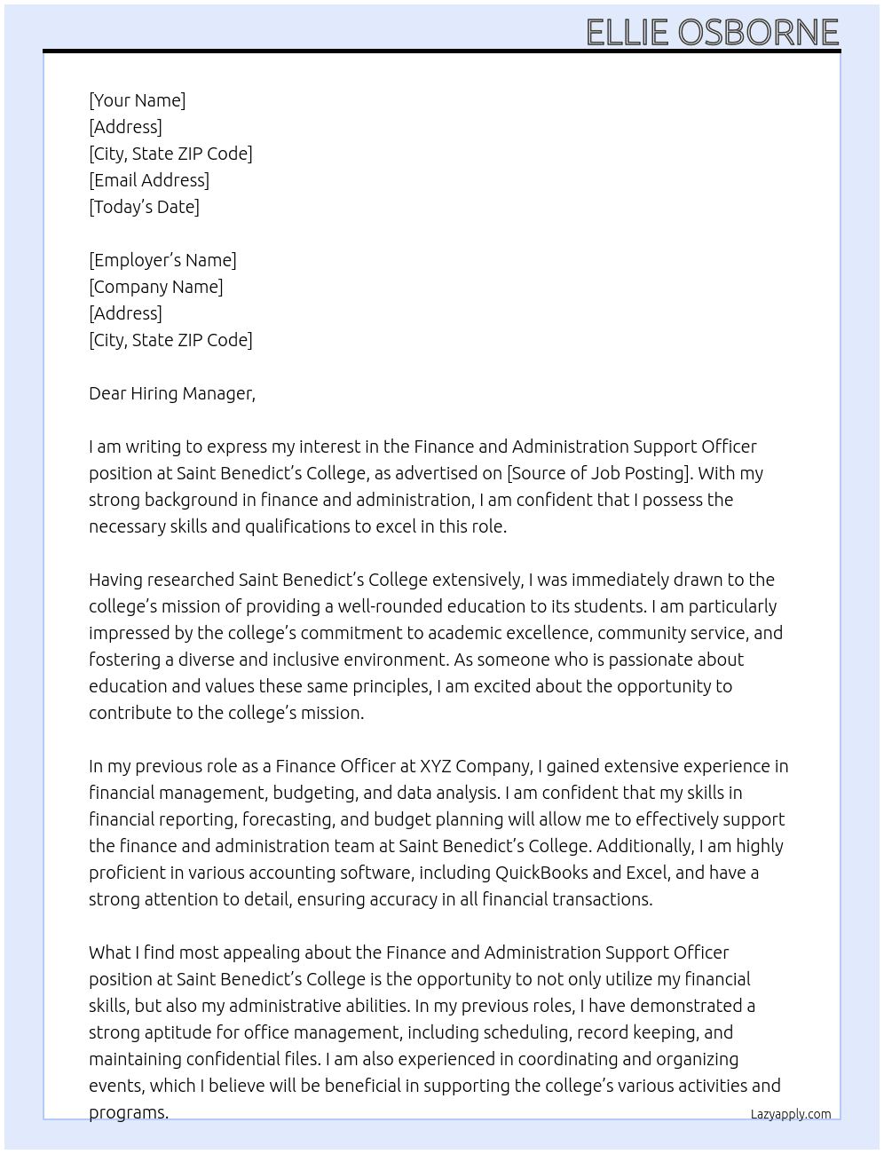 Finance and administration support officer At Saint Benedict’s College Cover Letter
