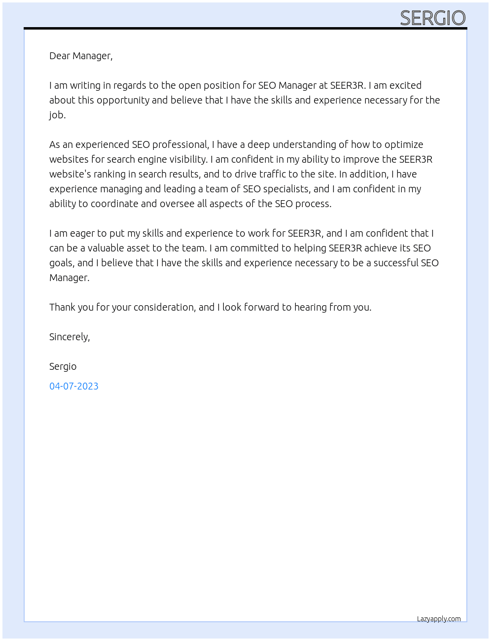 seo manager At SEER3R Cover Letter