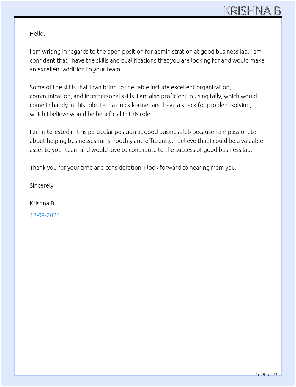 administration  At good business lab Cover Letter