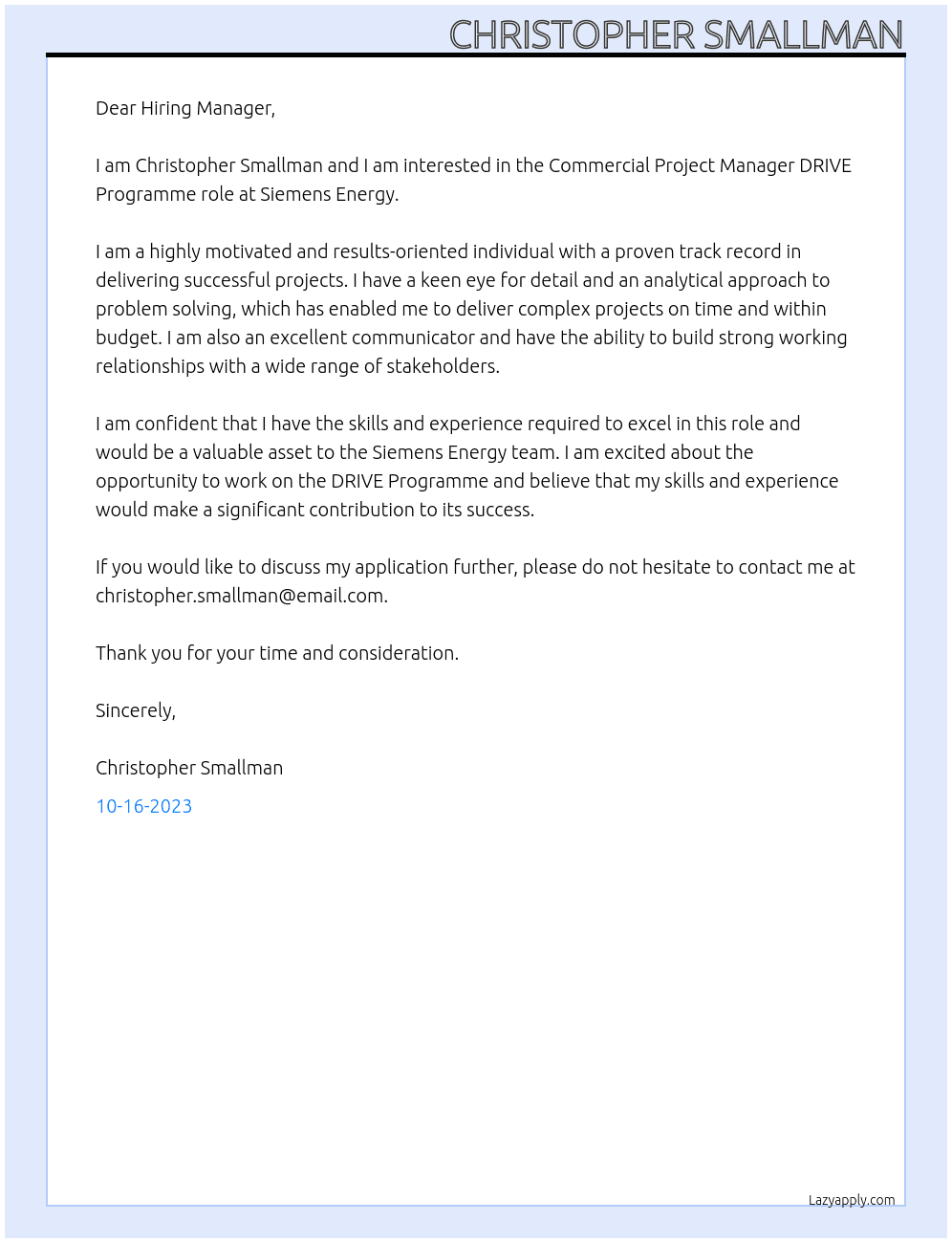 Commercial Project Manager DRIVE Programme At Siemens Energy - DRIVE Programme Cover Letter