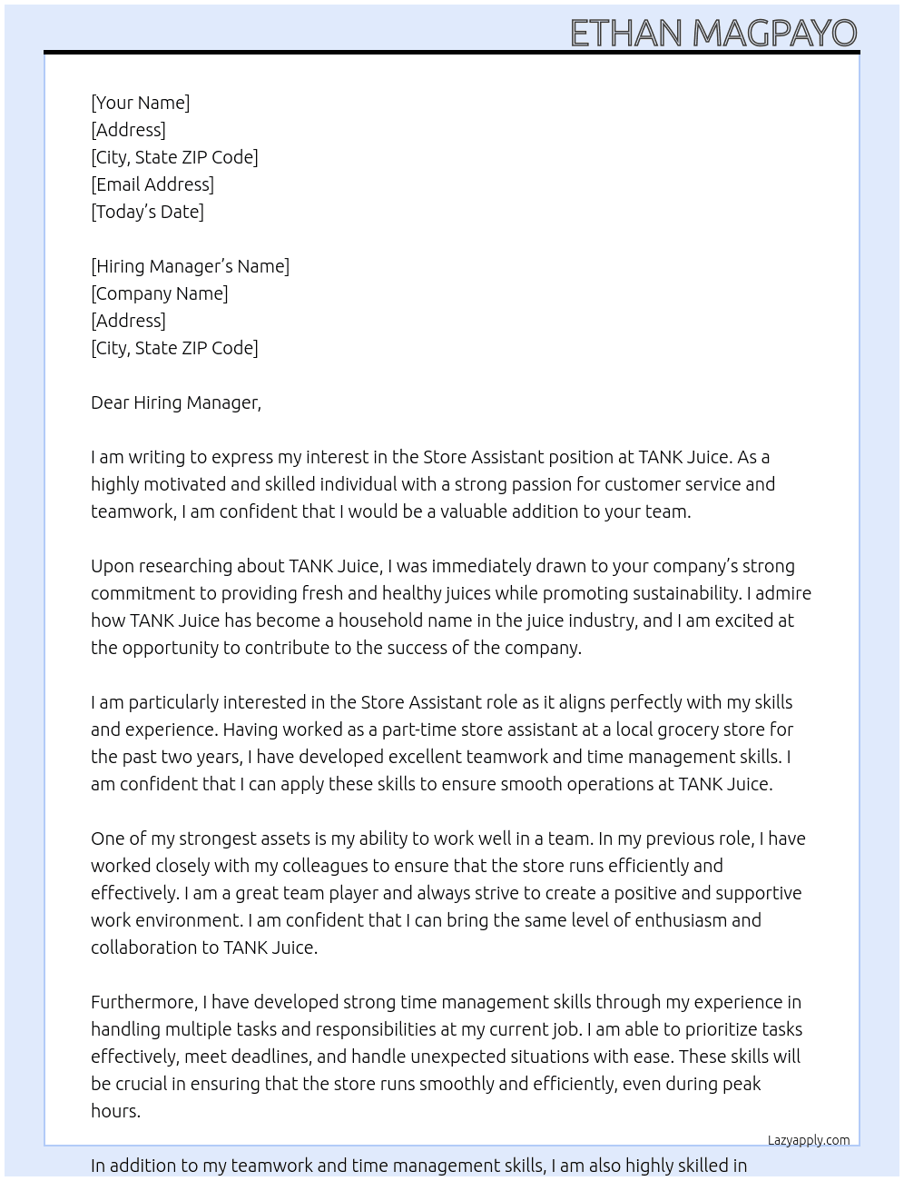 Store Assistant At TANK Juice Cover Letter
