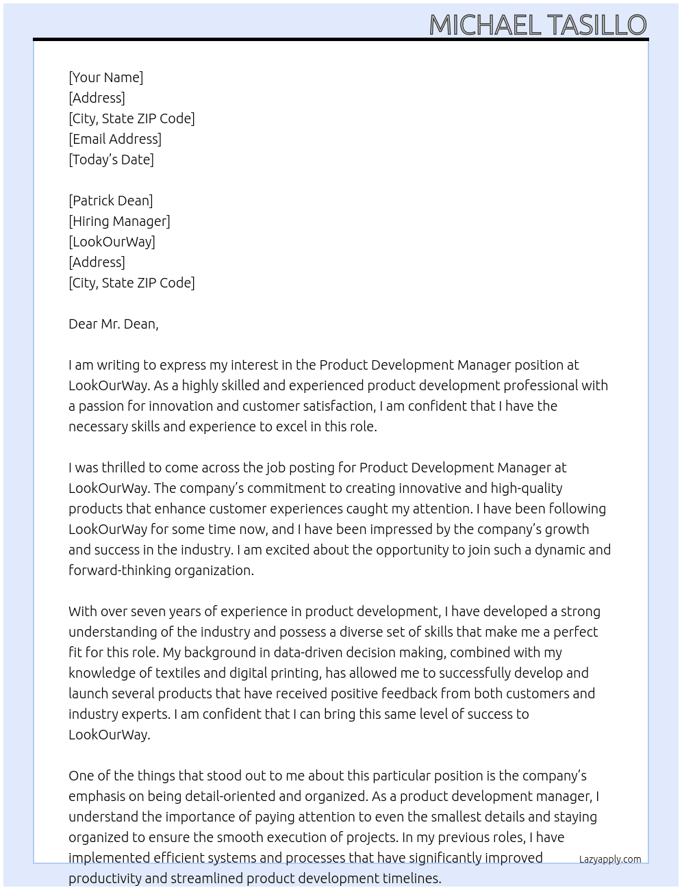 Product Development Manager At LookOurWay Cover Letter