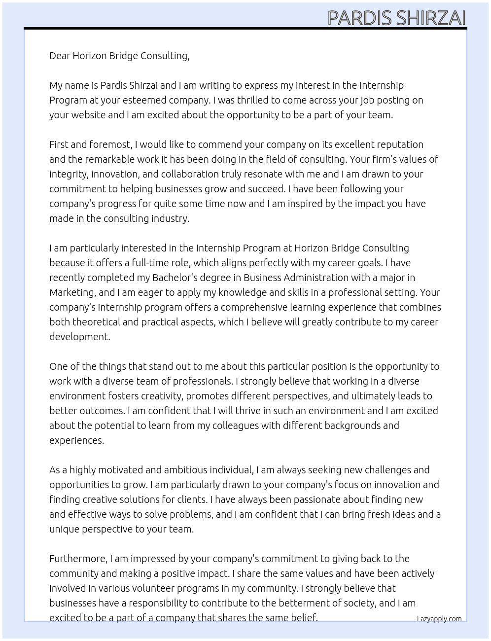Internship Program At Horizon Bridge Consulting Cover Letter