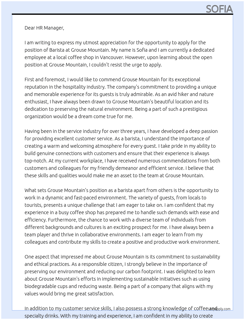 Barista At Grouse Mountain Cover Letter