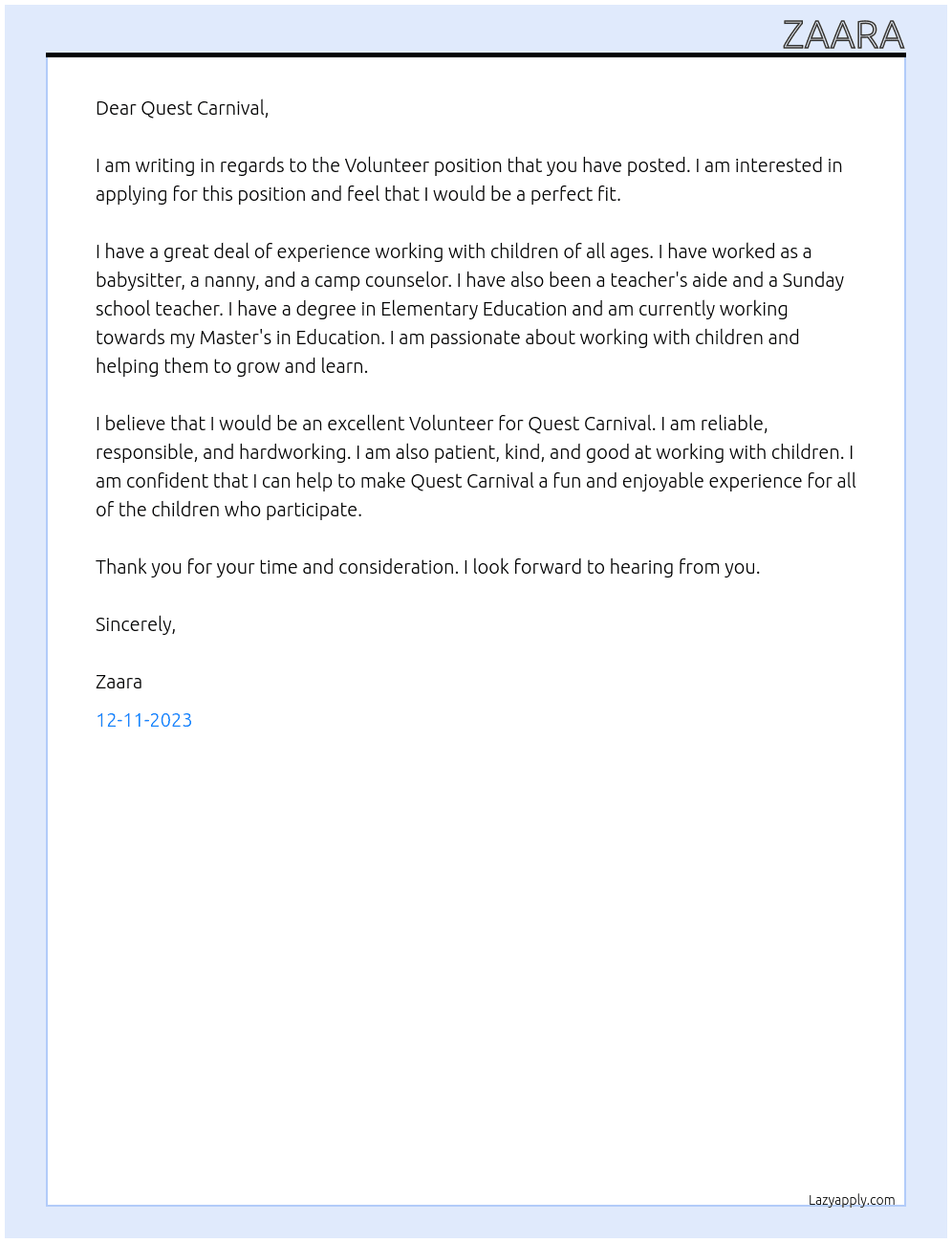 Volunteer At Quest Carnival  Cover Letter