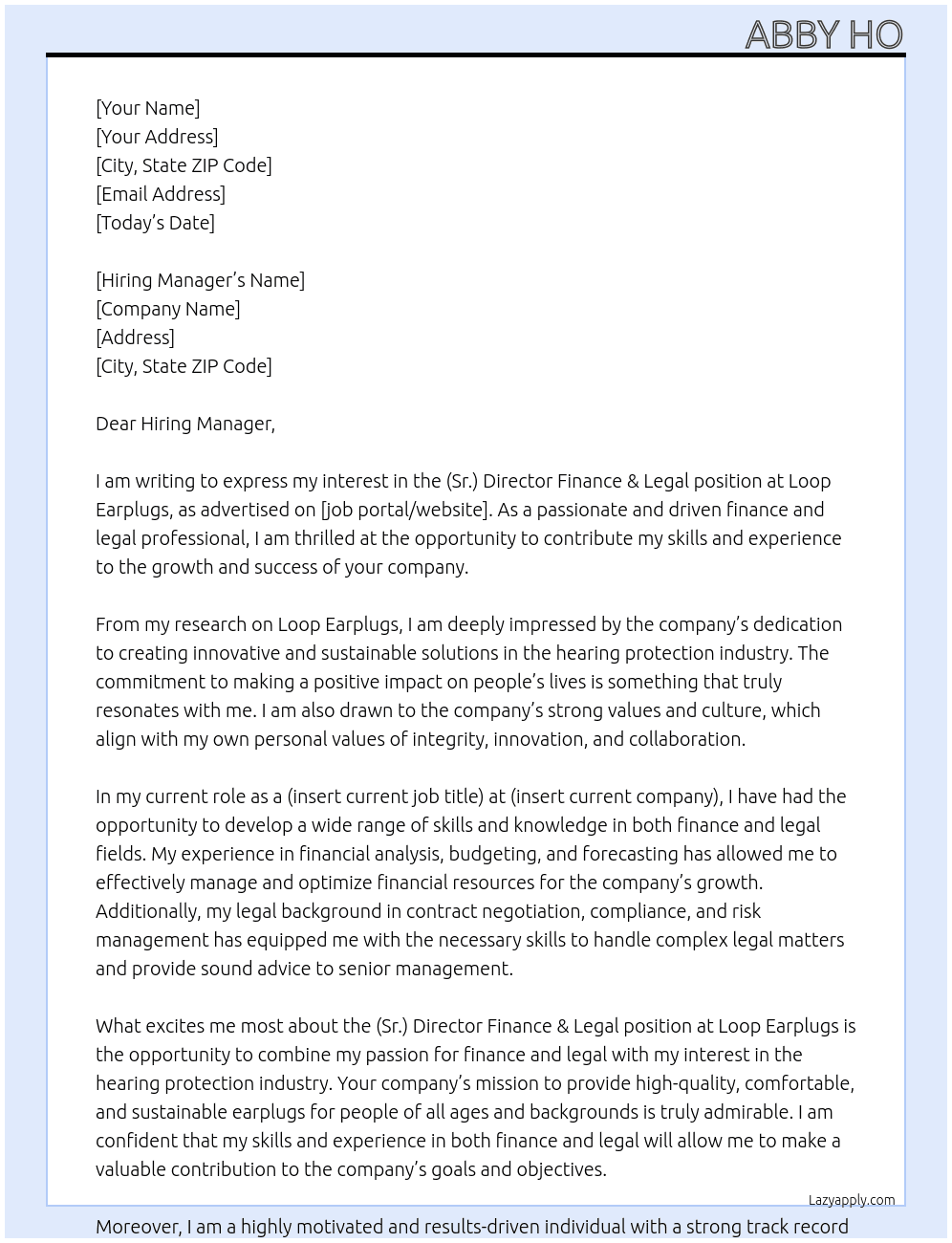  (Sr.) Director Finance & Legal At Loop Earplugs Cover Letter