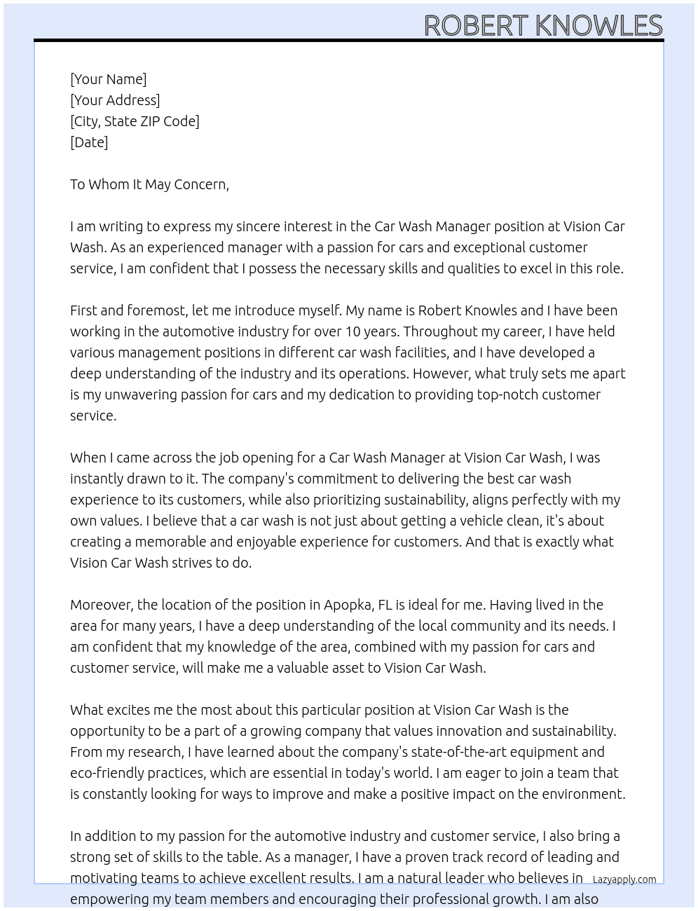 Car Wash Manager At Vision Car Wash Cover Letter