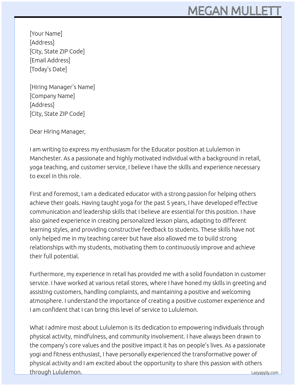 Educator At Lululemon  Cover Letter