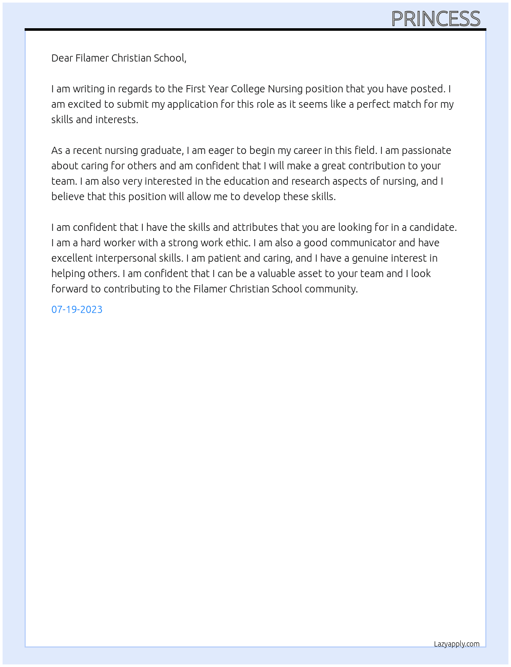 First Year College Nursing  At Filamer Christian school  Cover Letter