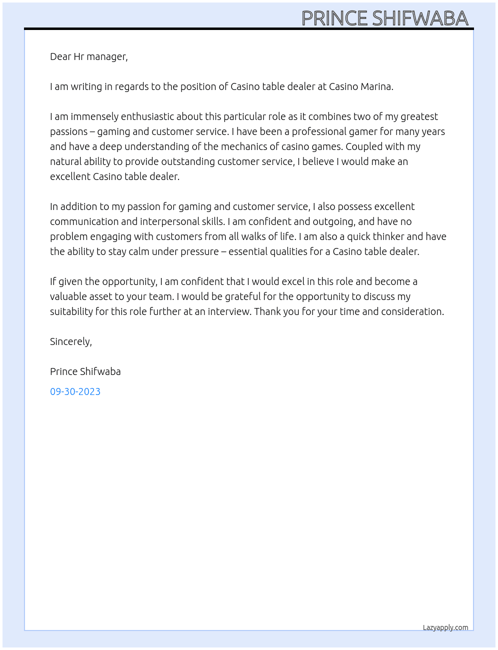Casino table dealer At Casino Marina Cover Letter
