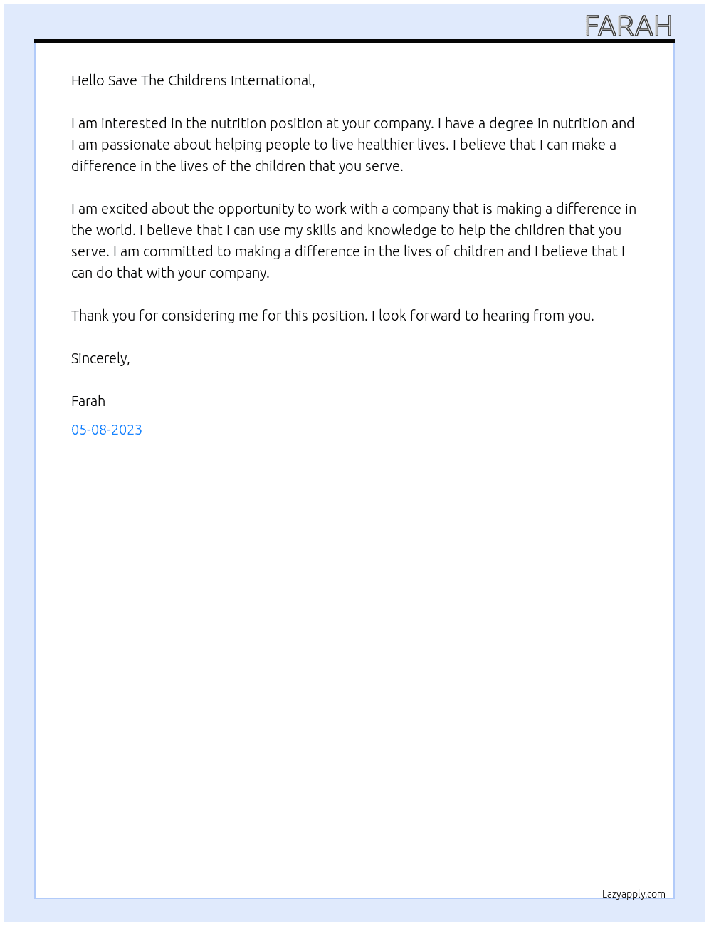 nutrition At Save The Childrens International Cover Letter